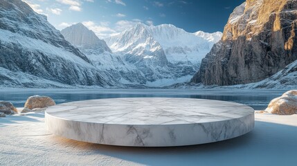 A serene, snowy landscape features a circular platform surrounded by majestic mountains under a cloudy sky