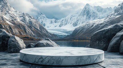 A serene, snowy landscape features a circular platform surrounded by majestic mountains under a cloudy sky