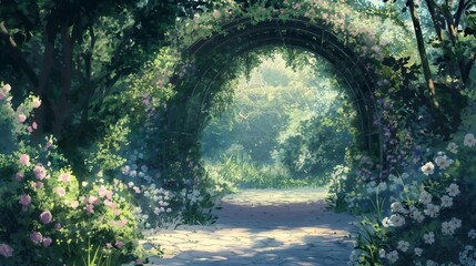 anime theme of the romantic garden and the entrance by white flowers