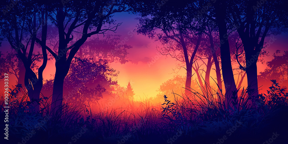 Poster A forest with trees in the background and a sunset in the foreground