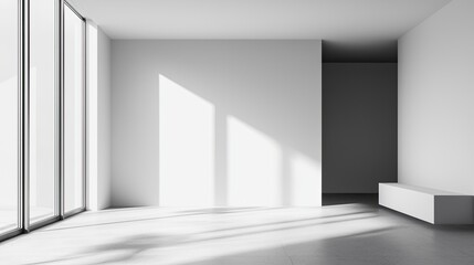 Fototapeta premium A minimalist empty room featuring natural sunlight reflections on the white walls and tiled floor, creating a serene, open atmosphere