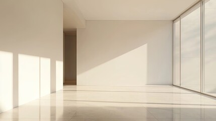 Fototapeta premium A minimalist empty room featuring natural sunlight reflections on the white walls and tiled floor, creating a serene, open atmosphere