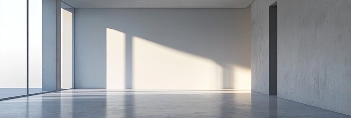 Obraz premium A minimalist empty room featuring natural sunlight reflections on the white walls and tiled floor, creating a serene, open atmosphere