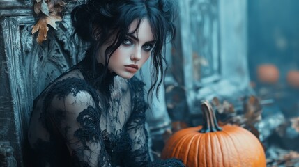 Fototapeta premium Dark Gothic Halloween Aesthetic with Pumpkins and Mysterious Girl