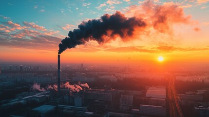 Fototapeta premium Factory Emitting Thick Smoke at Sunset