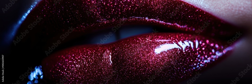 Poster close-up view of glossy lips showcasing a vibrant, shiny finish in a dramatic lighting setting. gene