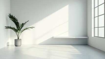 A minimalist empty room featuring natural sunlight reflections on the white walls and tiled floor, creating a serene, open atmosphere