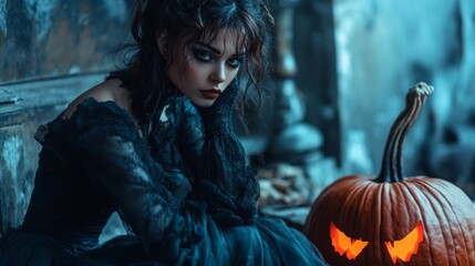 Dark Gothic Halloween Aesthetic with Pumpkins and Mysterious Girl