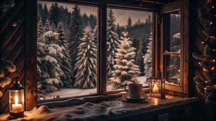 Cozy Christmas morning view of snowy forest through cabin window, peaceful winter scene.