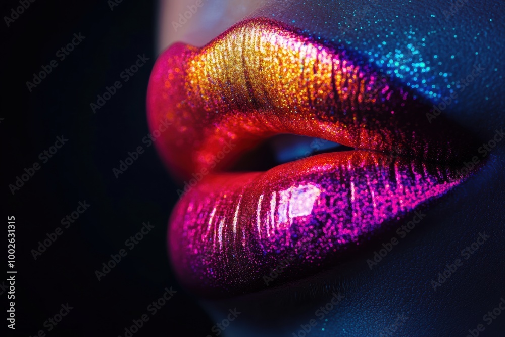 Poster close-up of glossy lips in vibrant shades showcasing a shiny finish against a dark background. gener