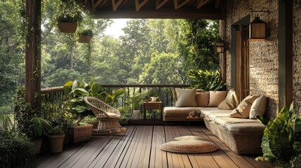 Obraz premium A rustic country balcony with wooden flooring, cozy seating, and a view of lush greenery for a peaceful retreat