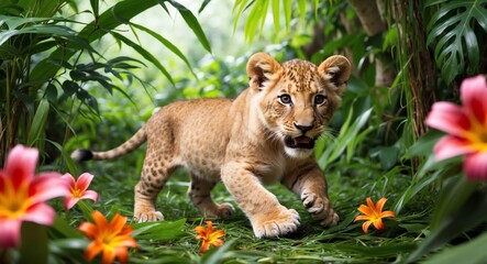 Fototapeta premium A playful lion cub frolicking in bright jungle undergrowth surrounded by flowers