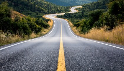 Obraz premium Winding Asphalt Road Through Lush Green Hills
