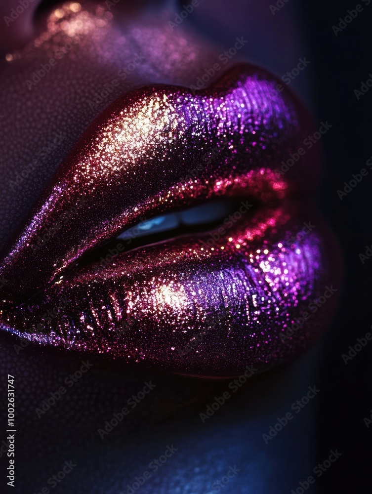Aufkleber A close-up view of glossy lips with a vibrant shiny finish showcasing rich colors and a captivating shine in a dimly lit setting. Generative AI