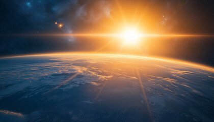 Fototapeta premium A stunning view of the Earth from space with the sun rising over the horizon, showcasing the beauty of the planet and the vastness of the cosmos 