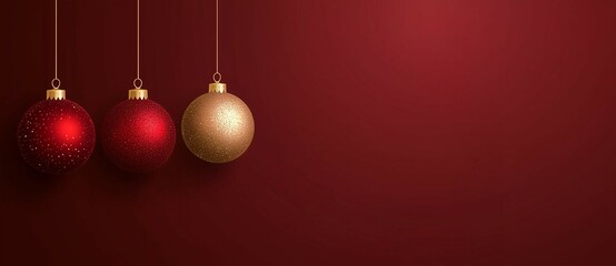 Hanging Christmas balls decoration hanging on a rope isolated on red background copy space for text