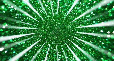 Bright green glitter bokeh with shimmering light beams creating an energetic effect