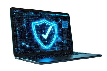 Laptop screen displaying cybersecurity shield symbol, isolated on transparent cutout background