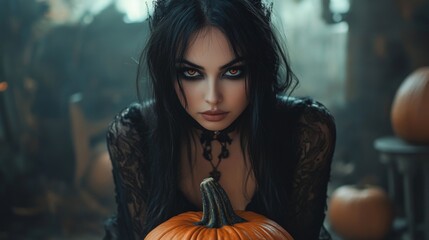 Obraz premium Dark Gothic Halloween Aesthetic with Pumpkins and Mysterious Girl