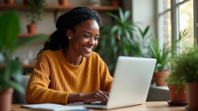 Happy black woman working home office with her laptop