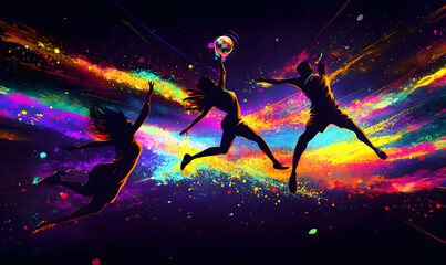 Dynamic Volleyball Action with Neon Lights and Abstract Geometric Patterns for Futuristic Sports Branding