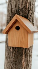 A wooden birdhouse is nestled on a tree trunk, adorned with snow, surrounded by a tranquil winter landscape showcasing the beauty of nature
