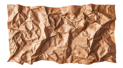 Old crumpled brown paper sheet with creases, isolated on transparent cutout background