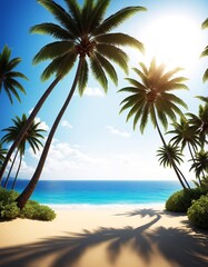 tropical beach sunset palm trees blue ocean background