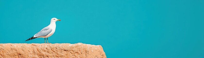 Obraz premium A lone seagull perched on a cliff, overlooking the endless horizon of a tranquil sea, symbolizing solitude, freedom, and inner peace seagull, freedom, tranquility, landscape