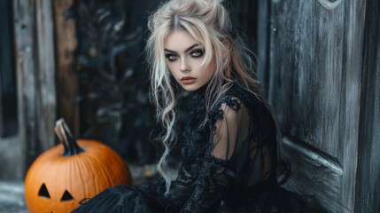 Fototapeta premium Dark Gothic Halloween Aesthetic with Pumpkins and Mysterious Girl