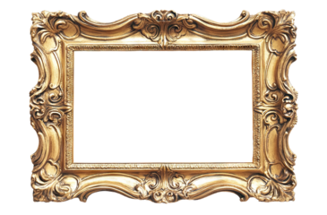 Ornate antique gold picture frame with intricate details, isolated on transparent cutout background