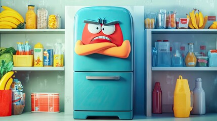 Frustrated cartoon fridge with crossed arms, upset about being overfilled with groceries.