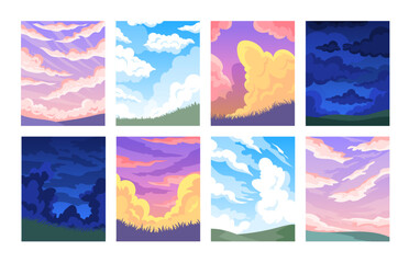 Sky cloud. Anime heaven nature. Night and day, summer sunset landscape, sunrise sun. Travel for horizon. Weather cloudy, view background. Cloudscape illustration. Vector garish minimalism scenery