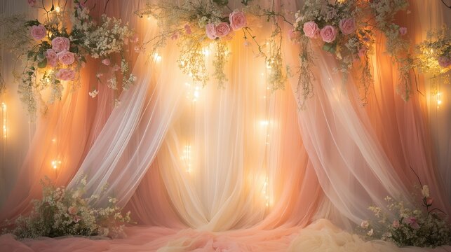 Elegant floral backdrop with soft drapes and fairy lights for a romantic event setting in pastel colors