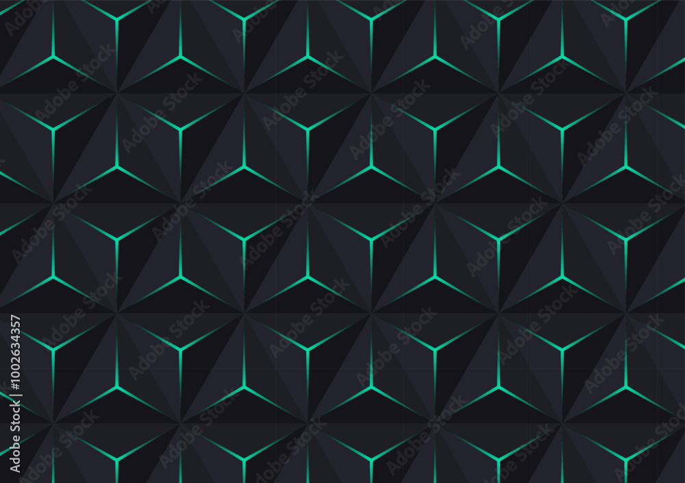 Wall mural green light with dark pyramid seamless vector pattern black geometric background