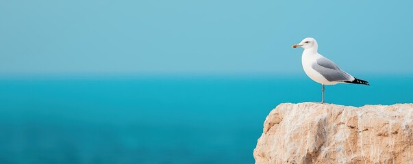 A lone seagull perched on a rocky cliff overlooking the vast, tranquil ocean, symbolizing solitude amidst nature's expanse seagull, ocean, solitude, coastal view
