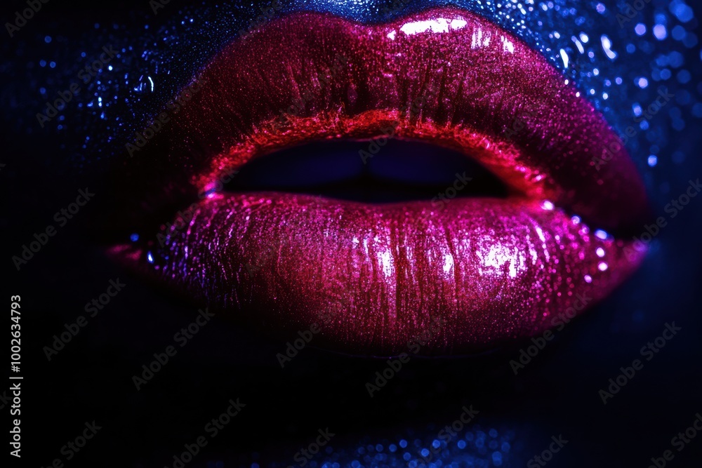 Poster close-up of glossy lips showcasing a vibrant, shiny finish against a dark backdrop in an artistic be