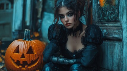 Fototapeta premium Dark Gothic Halloween Aesthetic with Pumpkins and Mysterious Girl