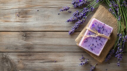 Obraz premium Lavender soap placed on a rustic wooden backdrop with organic lavender flowers, providing a natural and homemade