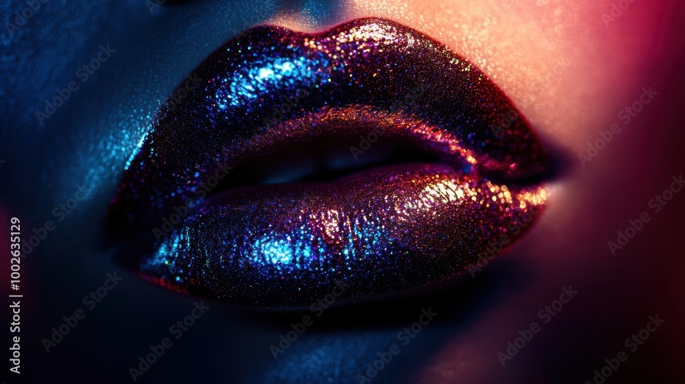 Poster close-up view of vibrant, glossy lips showcasing a shiny finish illuminated by colorful lighting at 