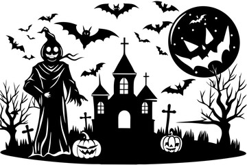 set of halloween house bats silhouette vector illustration black 