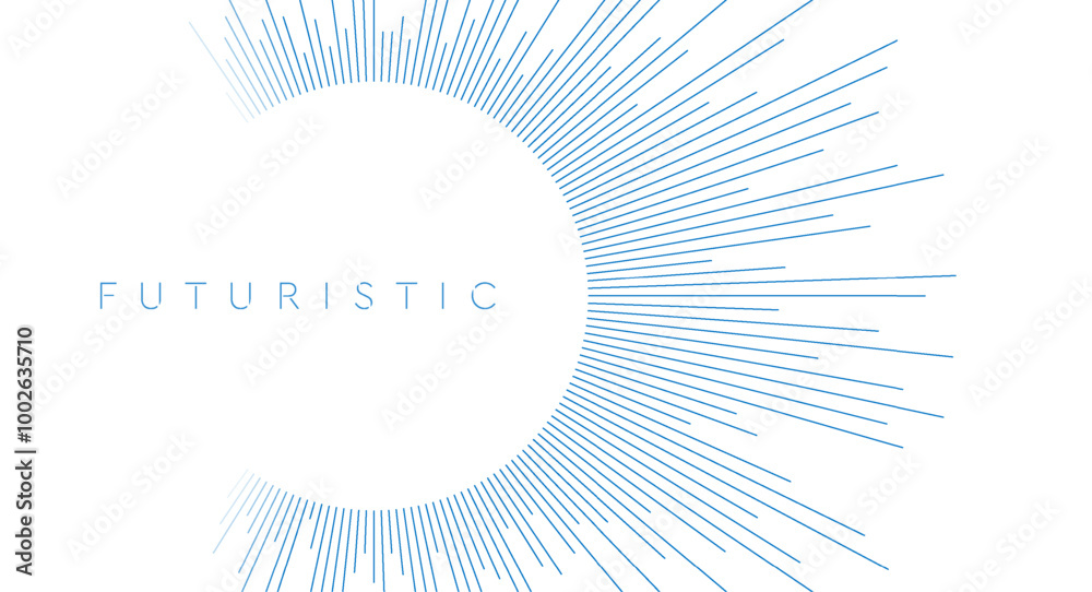 Poster Blue minimal linear rays arranged in a circle abstract tech background. Vector tech futuristic design