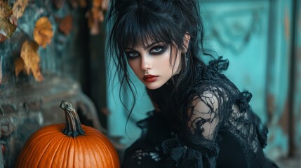 Dark Gothic Halloween Aesthetic with Pumpkins and Mysterious Girl
