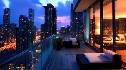 Obraz premium with glass railings, modern furniture, and an open view of the city's lights at night
