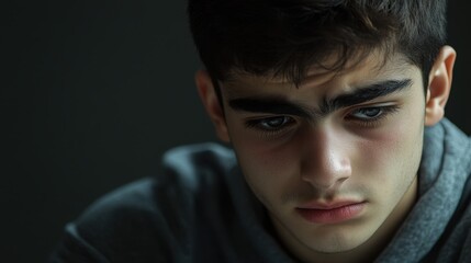 Fototapeta premium Intense Young Man with Deep Gaze in Dramatic Lighting