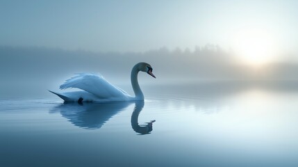 Fototapeta premium Serene Swan Gliding Through Misty Pond at Dawn