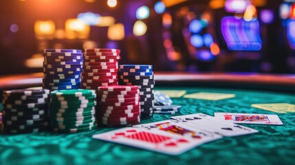 Naklejka premium A vibrant casino table filled with colorful poker chips and playing cards during a lively night of gaming. Generative AI