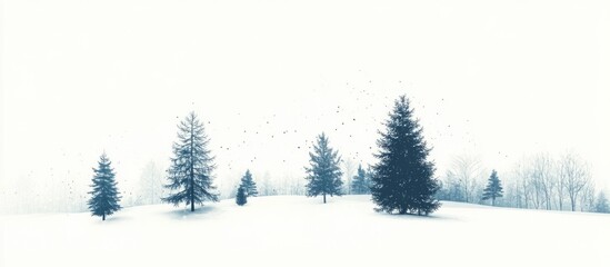 Winter landscape with fir trees and snowflakes. Vector illustration. Copy space.