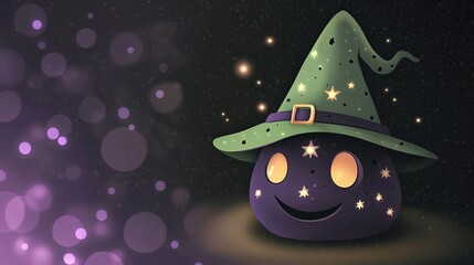 Fototapeta premium A cute, cartoon-style pumpkin wearing a witch's hat with a festive, starry background.