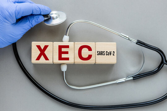 XEC, the latest subvariant of the SARS CoV-2 virus. The name of the Xec virus causing Covid-19 disease on wooden cubes. Stethoscope in doctor's hand, Medical concept, gray background, flat lay